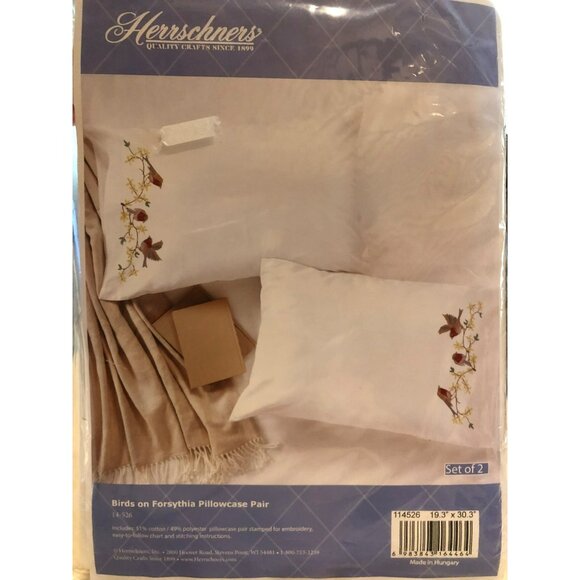 Herrschners Birds On Forsythia Pillowcase Pair Embroidery Kit - Picture 1 of 5